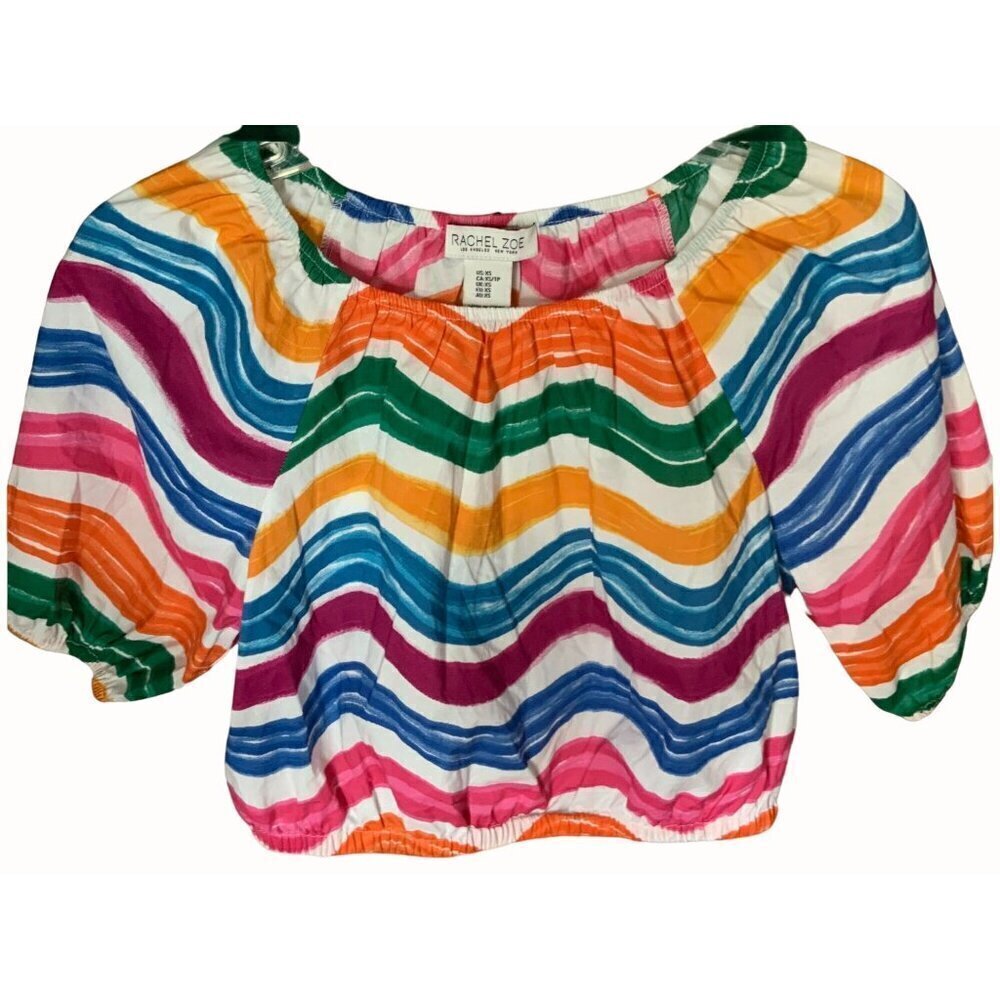 Rachel Zoe Crop Top Balloon Sleeve Multicolor Striped Off the Shoulder Womens XS